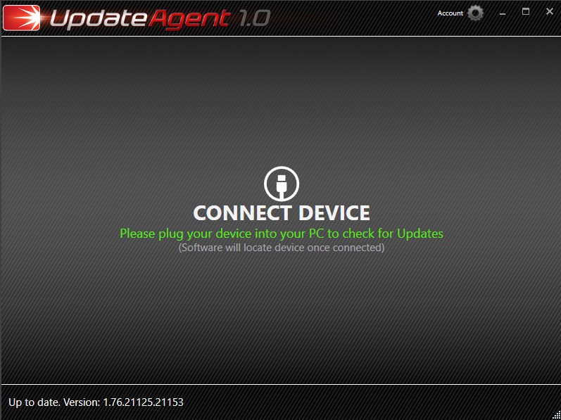 Screenshot of the Update Agent 1.0 software prompting the user to connect a device to the PC to check for updates.