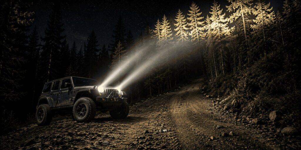 A lifted grey Jeep Wrangler driving a dark forest trail at night, its headlight beams aimed high into the tree canopy instead of down the road.