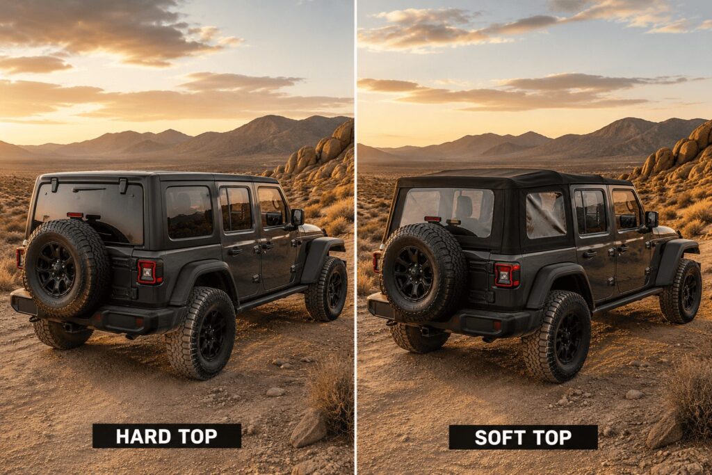 Side-by-side comparison of the same black Jeep Wrangler: left labeled "Hard Top" with a solid roof, right labeled "Soft Top" with a black canvas roof, both parked in a desert setting at sunset.