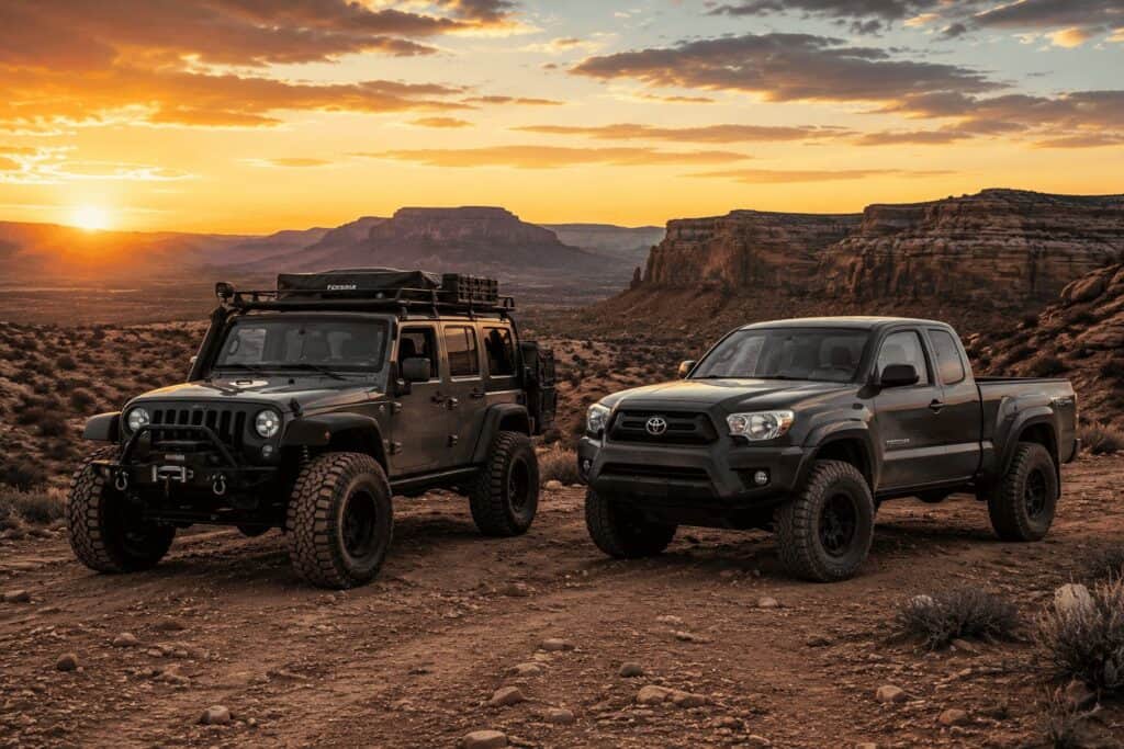 Jeep Wrangler vs Toyota Tacoma: lifted olive-green four-door Jeep Wrangler with a rooftop tent beside a dark grey Toyota Tacoma on a desert trail at sunset
