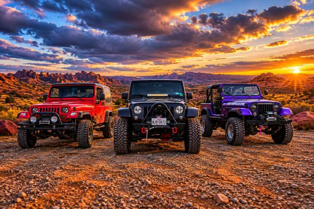 Three Jeeps, one red, one black and one purple, parked side by side on a Moab trail at sunset